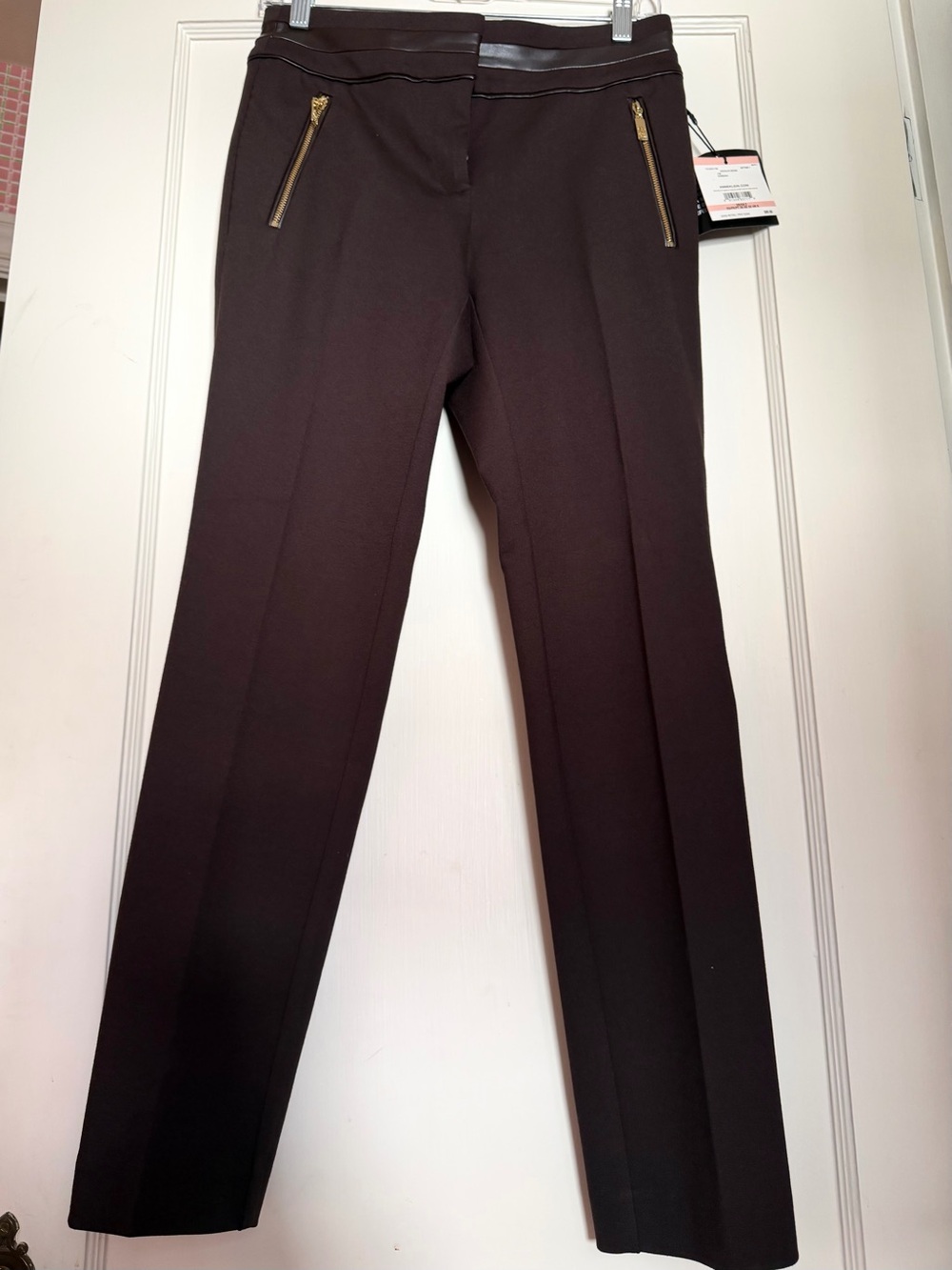 Anne Klein Stretch Ankle Pants Leather Trim Brown 2 NWT